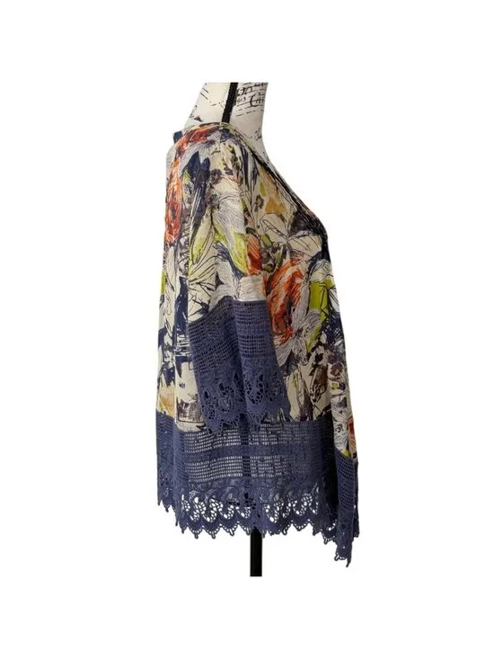 Coldwater Creek Women Size M Silk Floral Kimono One-Button Top Crochet Lace Hem - Picture 2 of 7